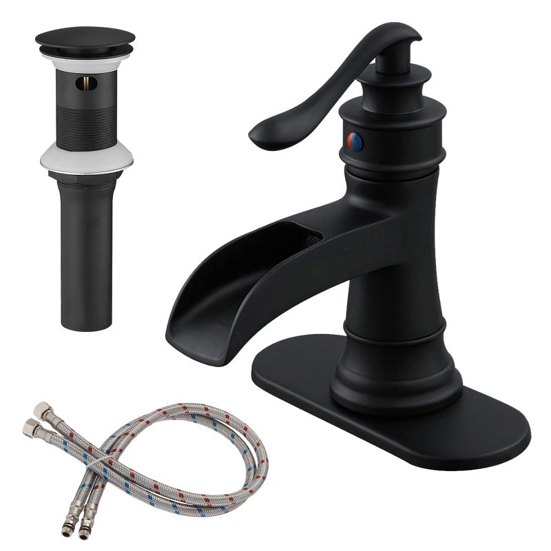 BWE Matte Black Bathroom Faucet, Waterfall Bathroom Faucet Sink Lavatory Single Hole Faucets One Handle Bath Antique with Brass Pop Up Drain Stopper Mixer Tap Overflow Water Supply Line - Image 1